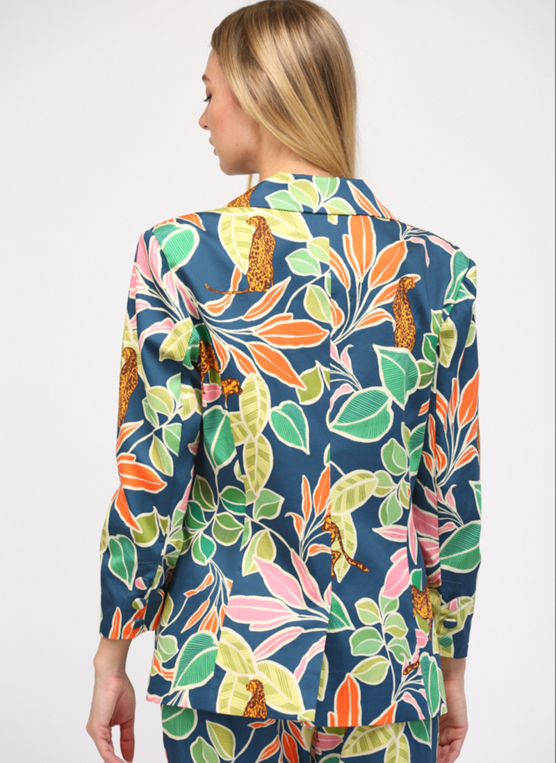Tropical Print Shirred Sleeve Blazer