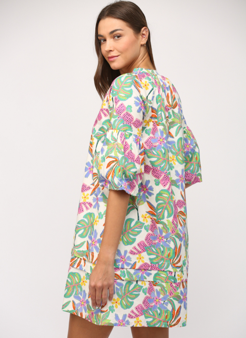 Tropical Print V-Neck Shift Dress