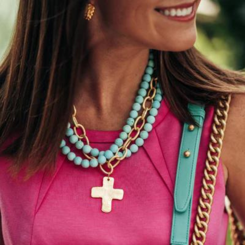 3 Row Turquoise Link Cross Necklace