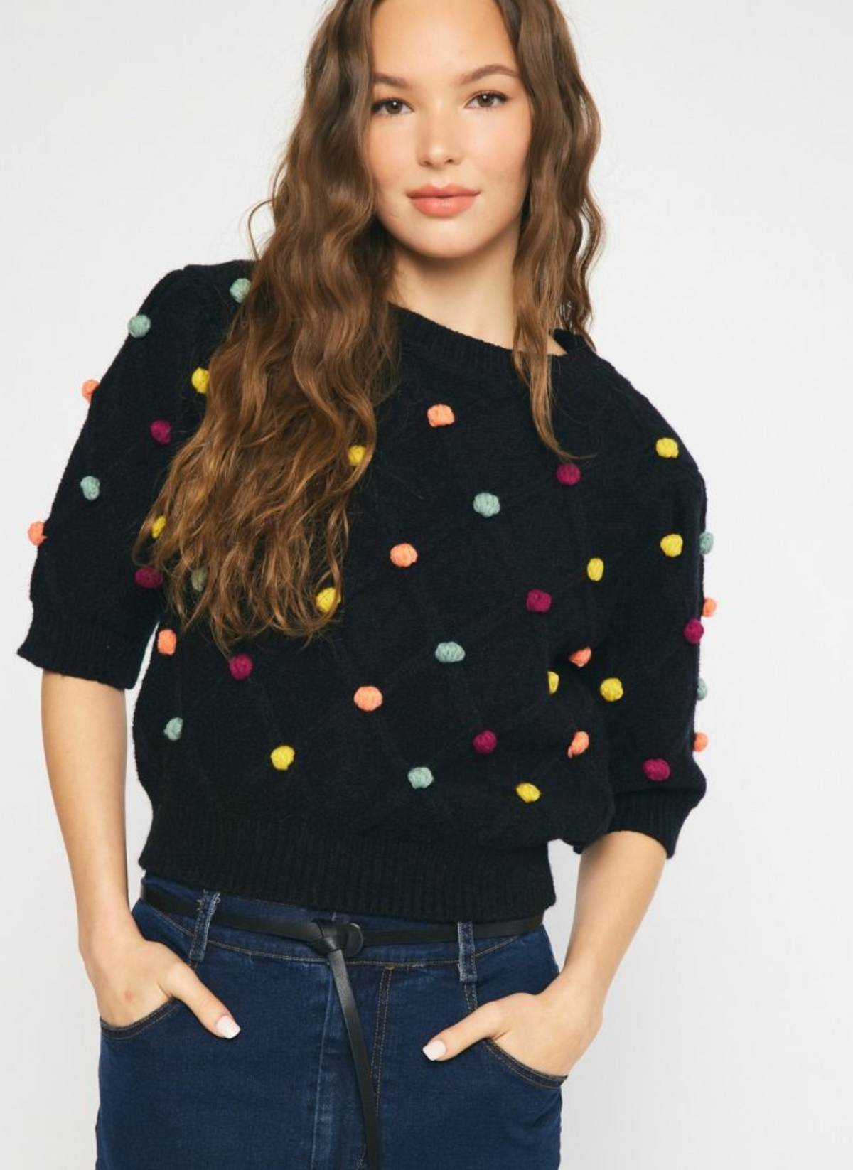3D Pom Pom Short Sleeve Sweater