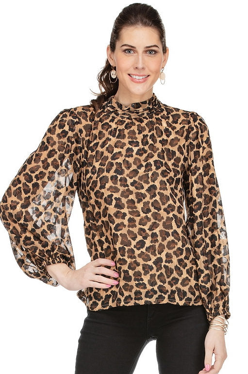 Animal Print Cinched Neck Blouse