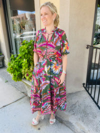 Multi Color Palm Midi Dress