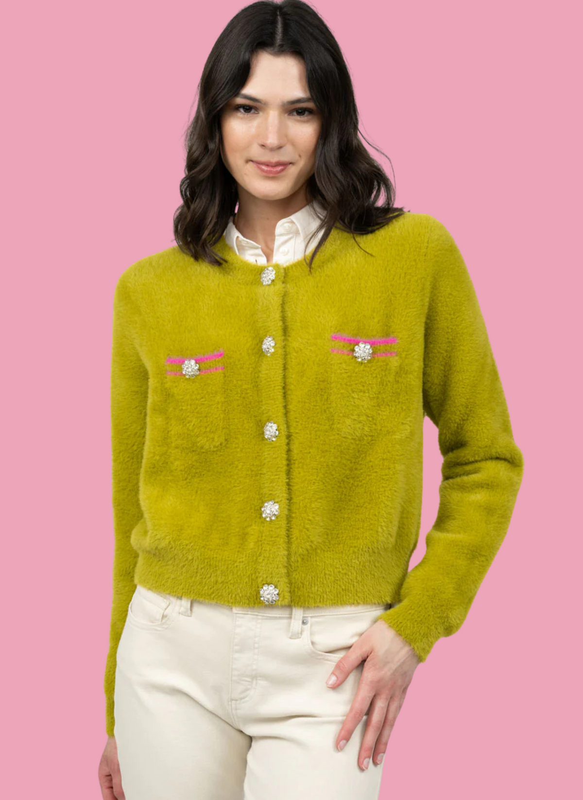 Fuzzy Broach Button Sweater