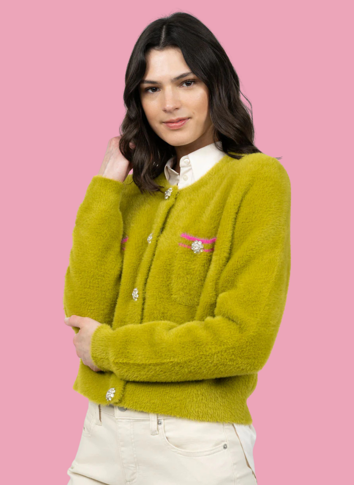 Fuzzy Broach Button Sweater