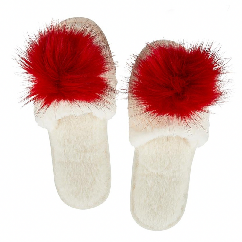 Plush PomPom Slippers - Red + White