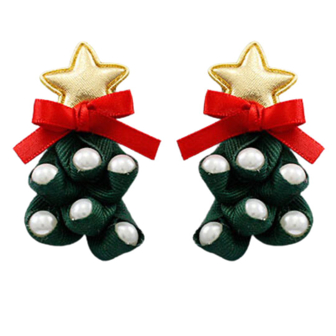 Ribbon + Pearl Xmas Tree Earrings