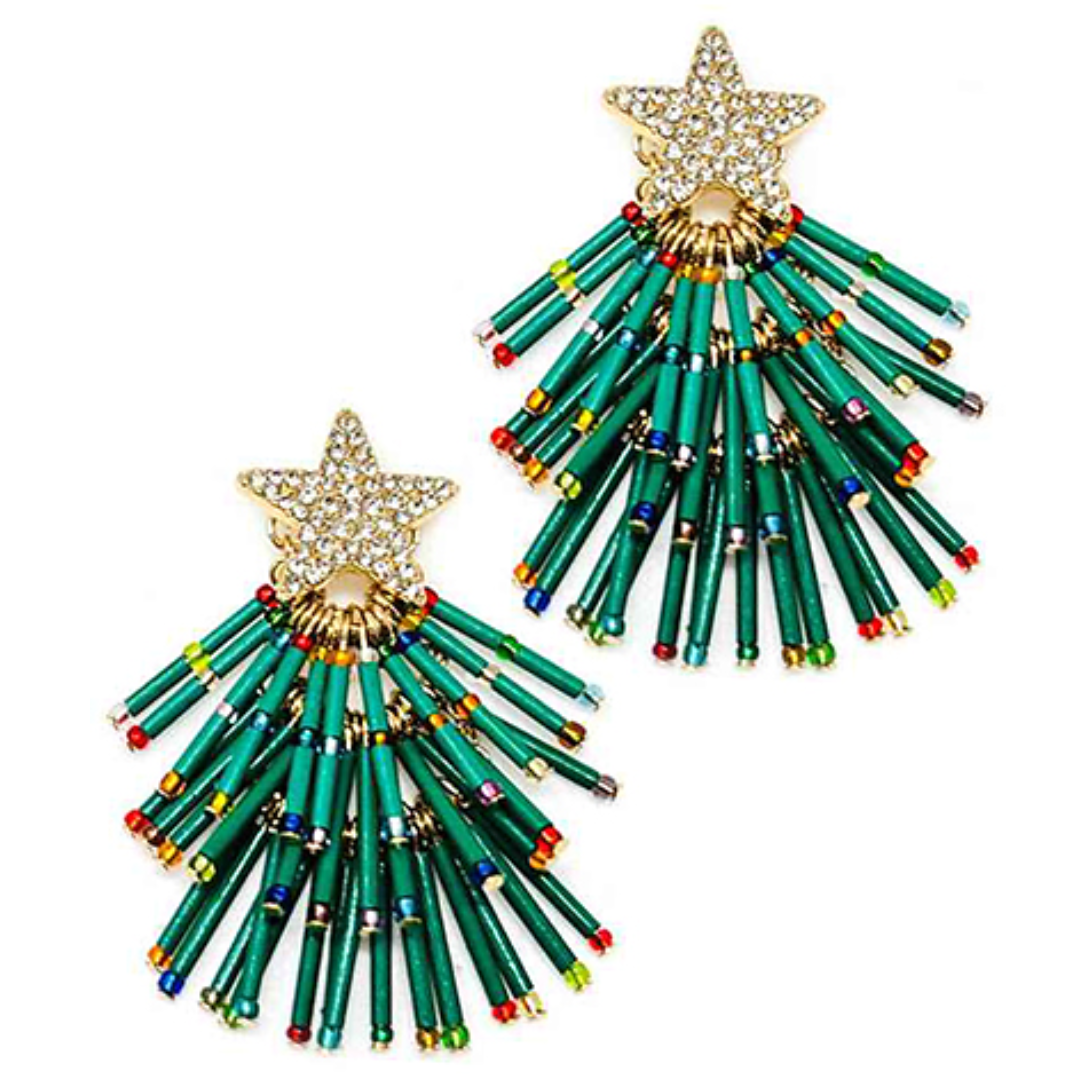 Beaded Tassel Xmas Tree Earrings