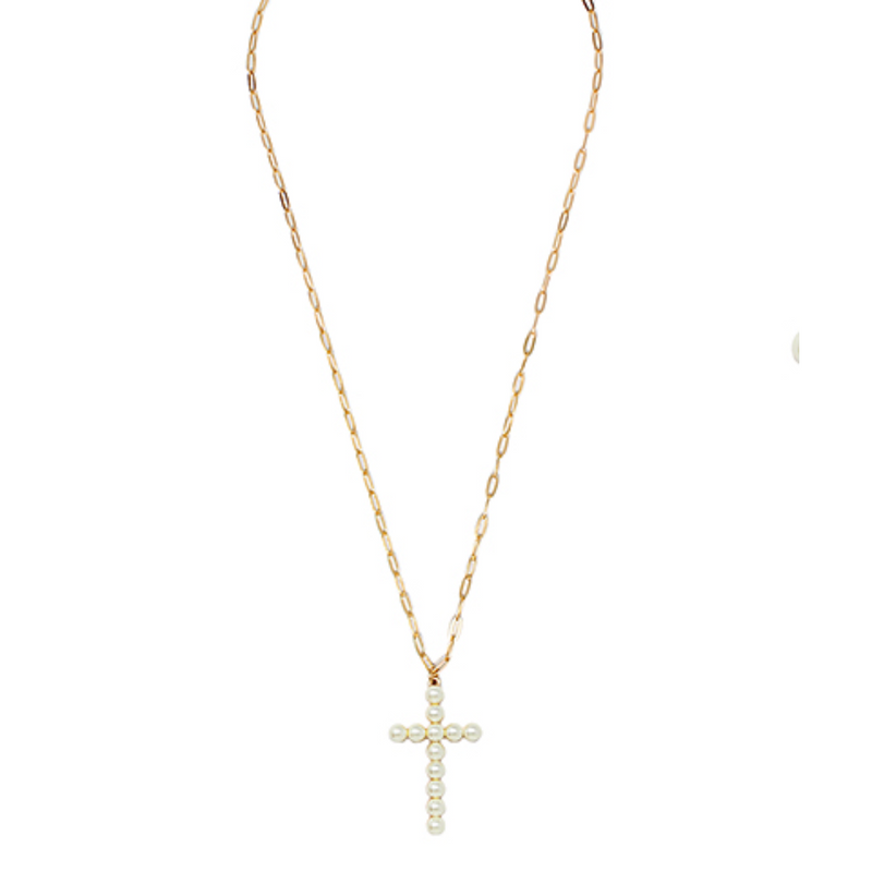 Pearl Cross Paperclip Necklace