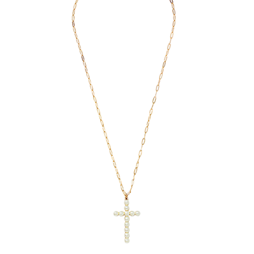 Pearl Cross Paperclip Necklace