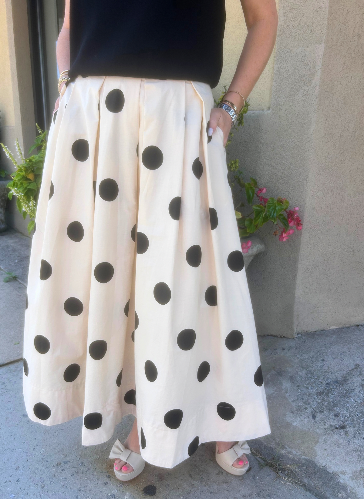 Polka Dot Pleated Midi Skirt