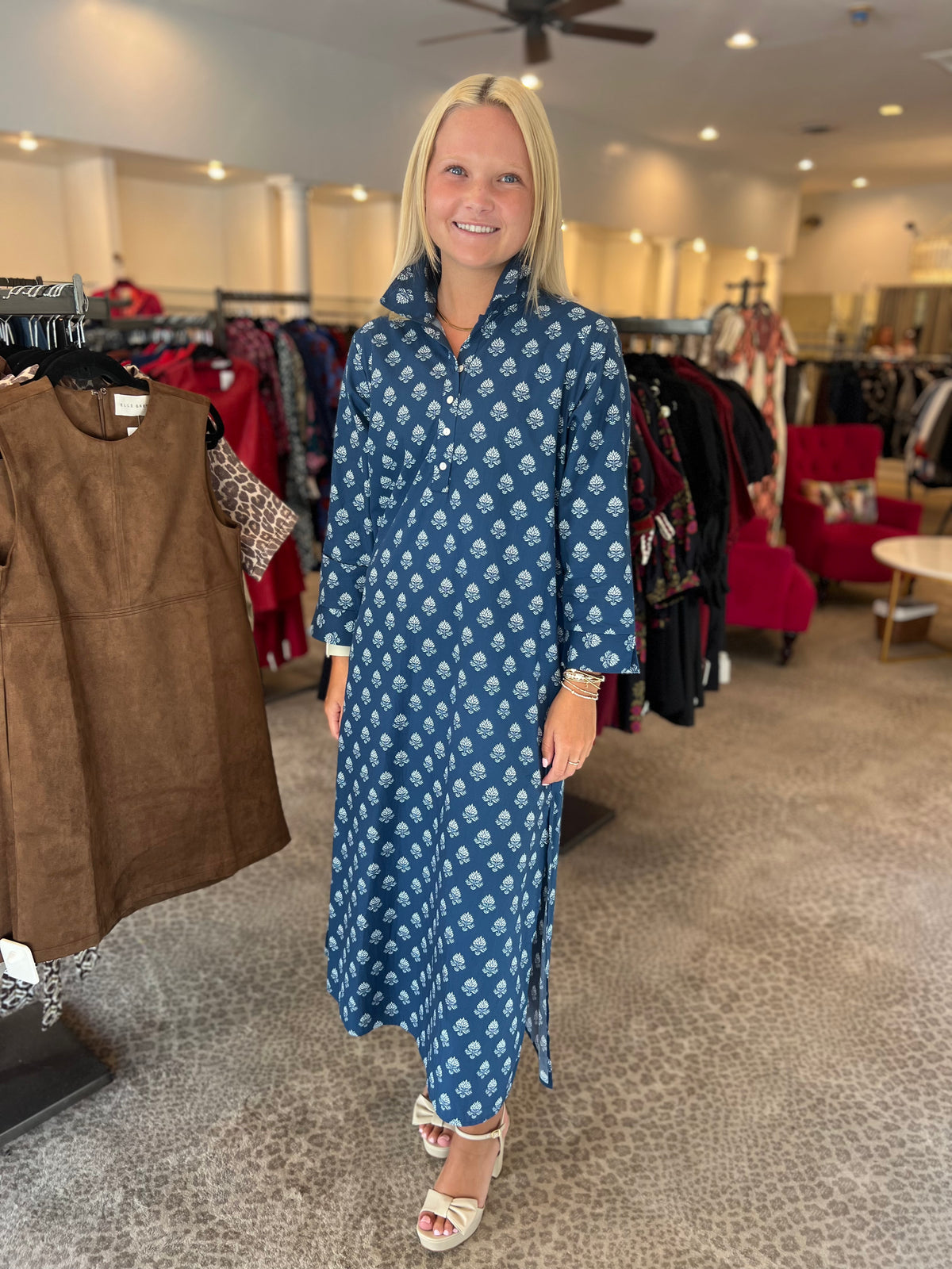 Sara Dress- Navy Leaf