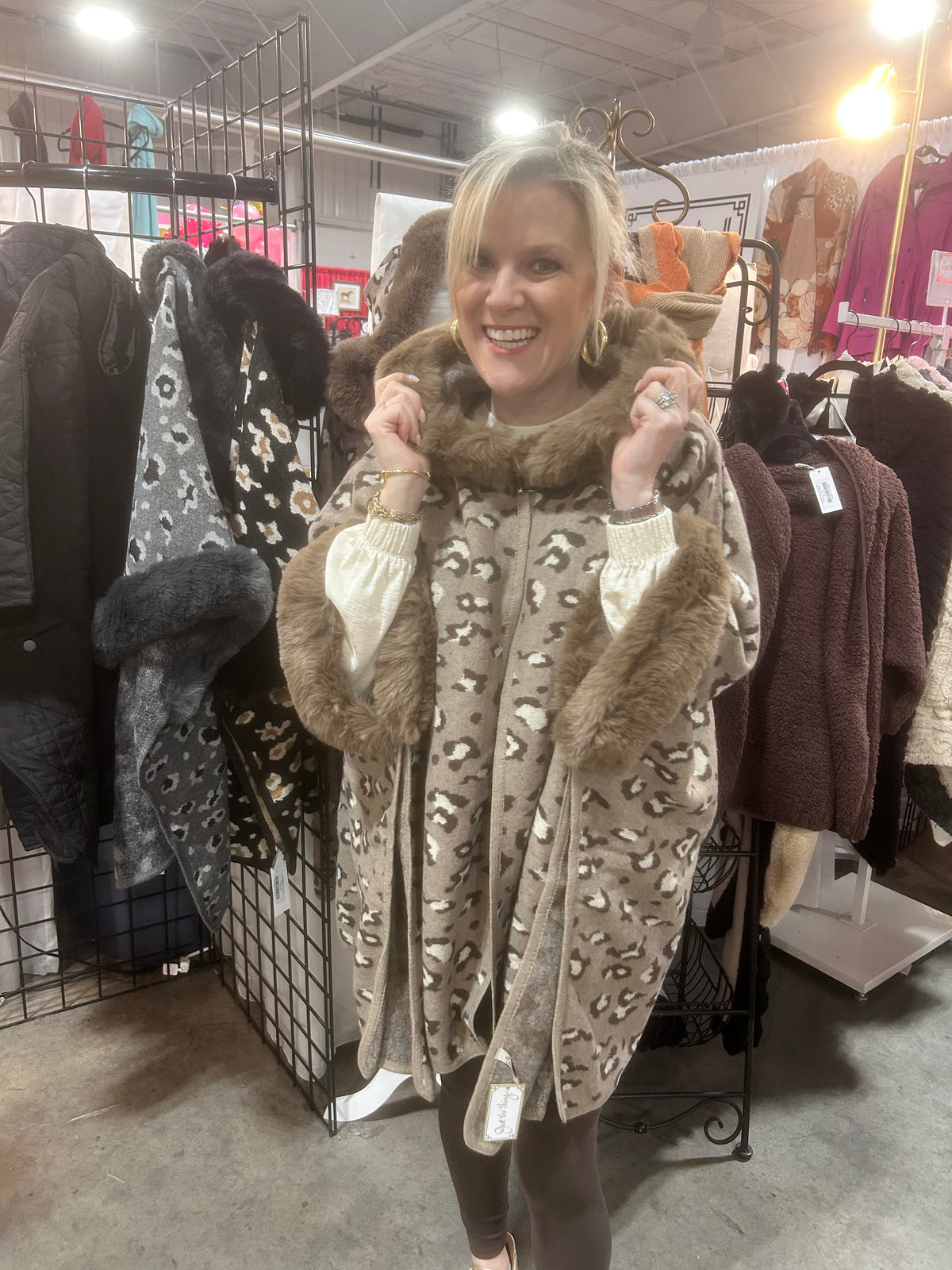 Leopard Faux Fur Hoodie Cape