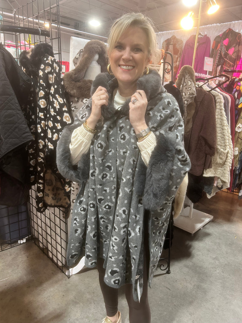 Leopard Faux Fur Hoodie Cape