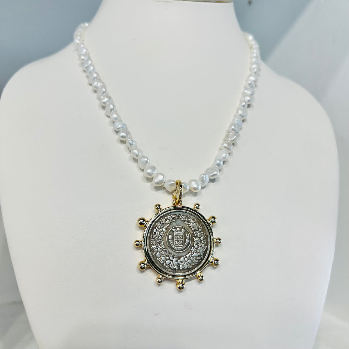 Small Coin Medallion Pearl Necklace