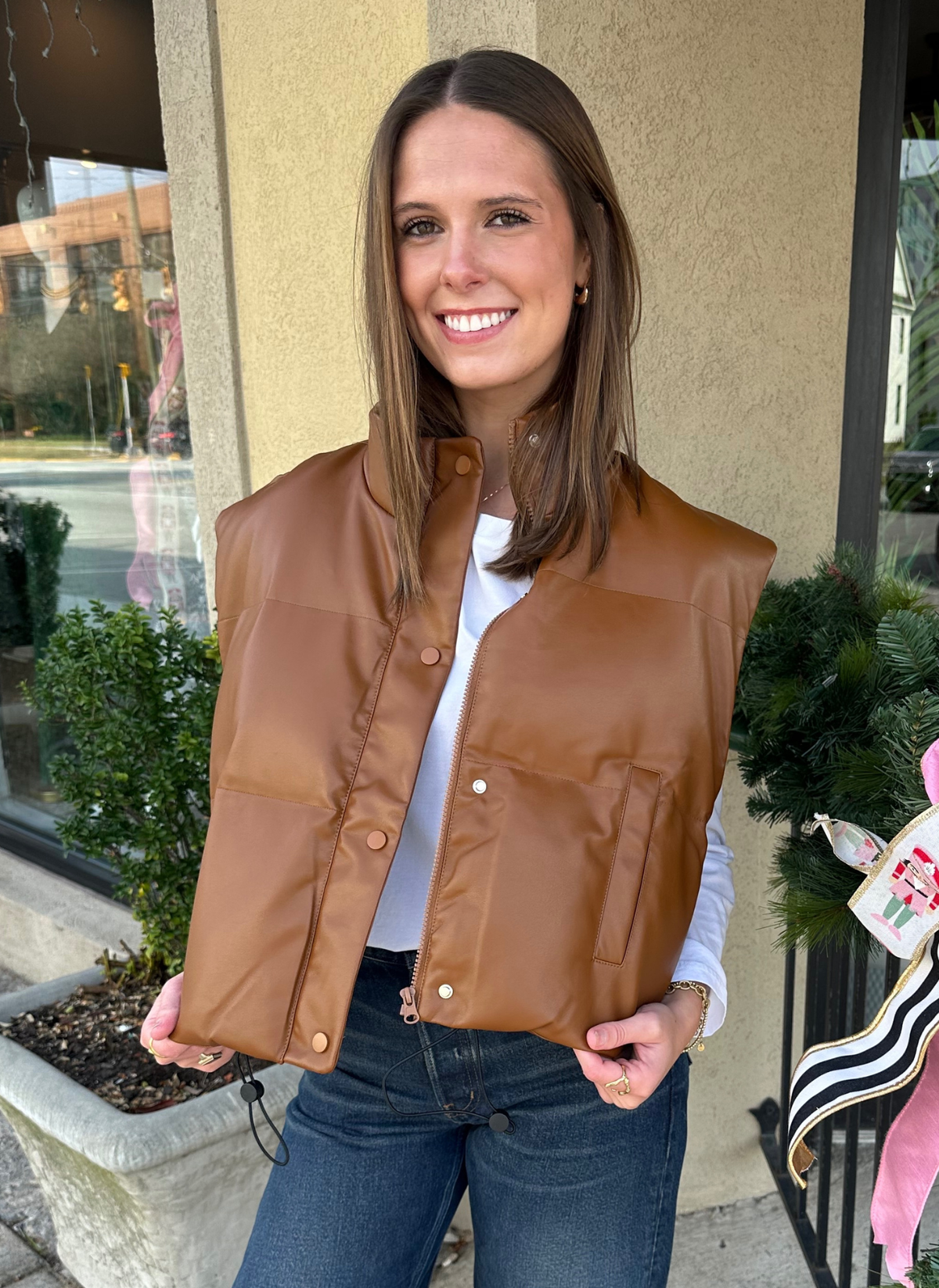 Cropped Faux Leather Puffer Vest
