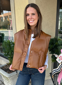 Cropped Faux Leather Puffer Vest