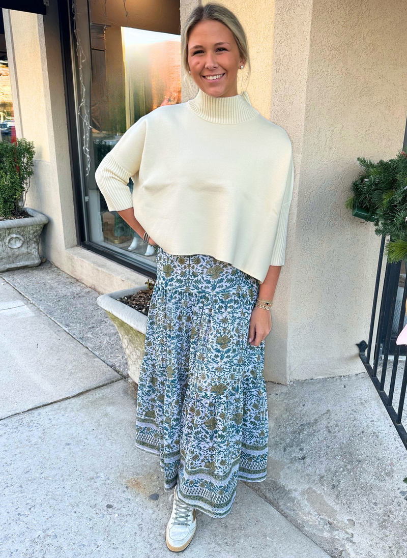 Floral Block Cotton Maxi Skirt - Teal