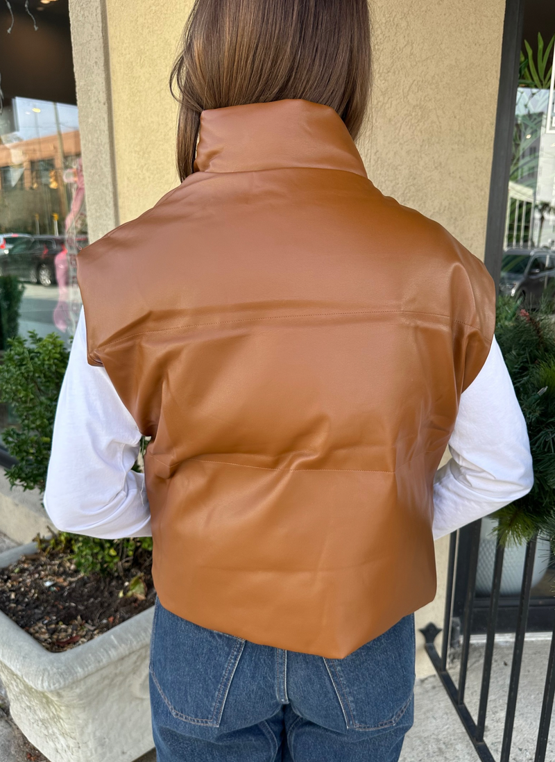 Cropped Faux Leather Puffer Vest