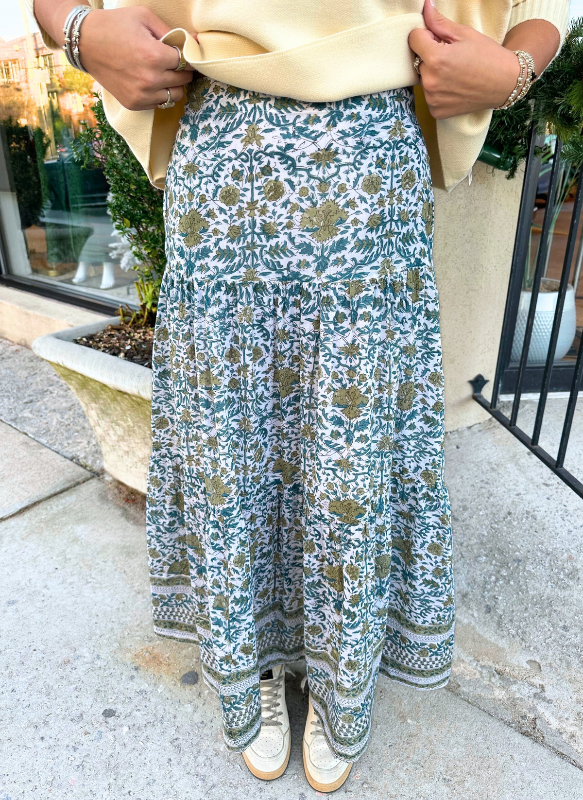 Floral Block Cotton Maxi Skirt - Teal