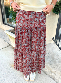 Floral Block Cotton Maxi Skirt - Maroon