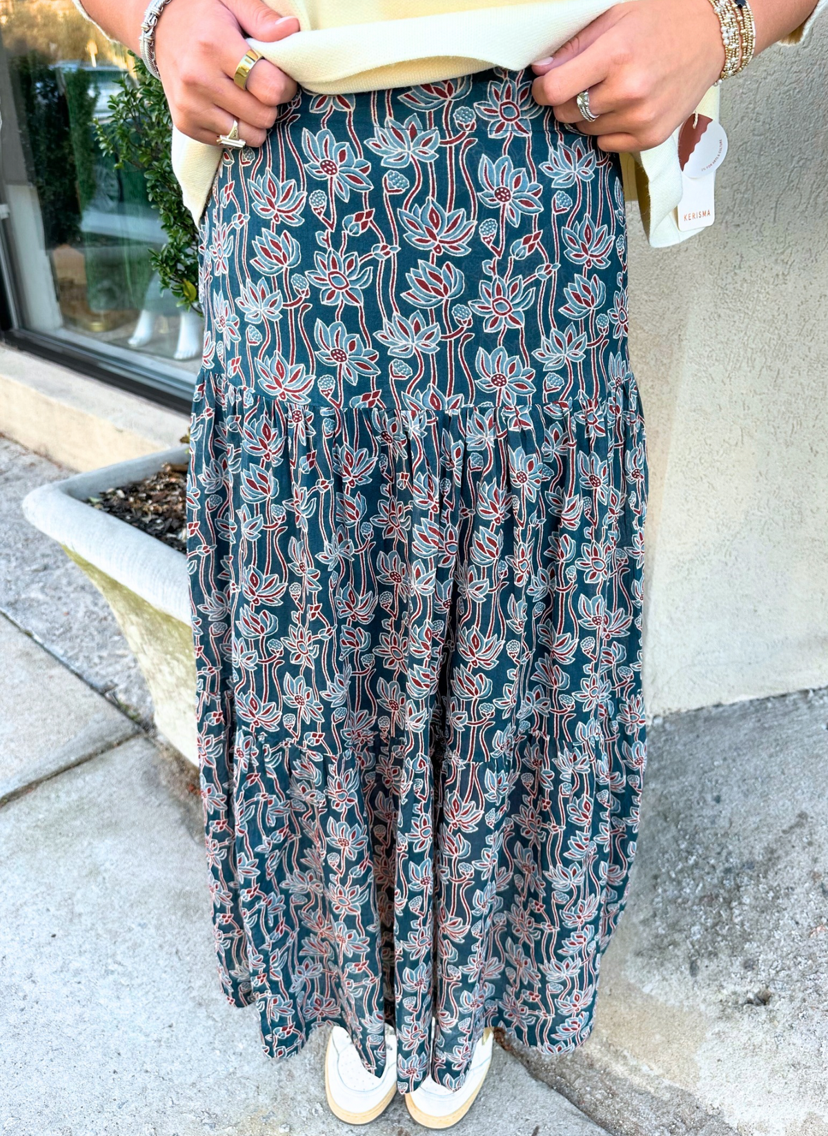 Floral Block Cotton Maxi Skirt - Indigo