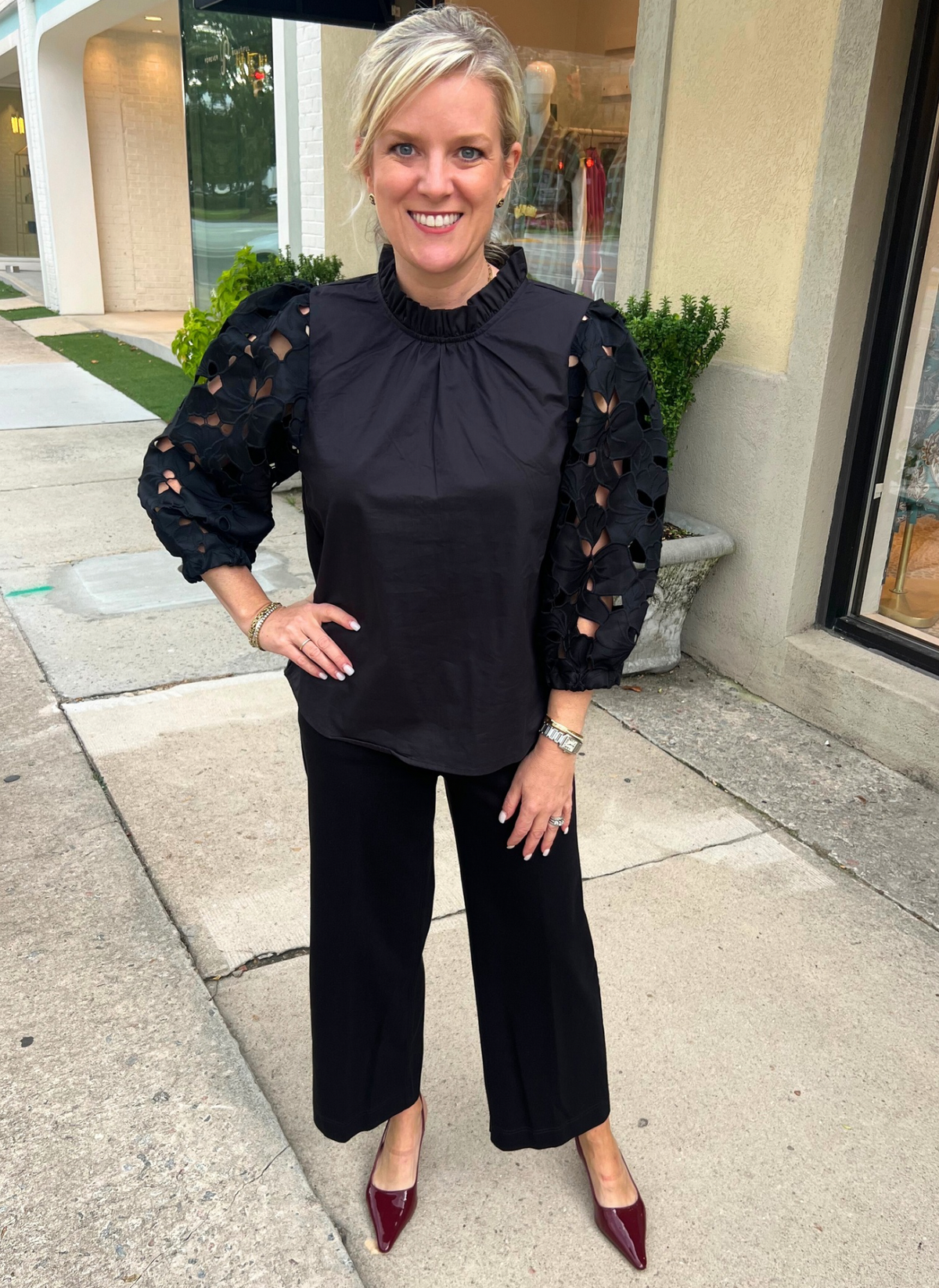 Eyelet Sleeve Detail Top- Black