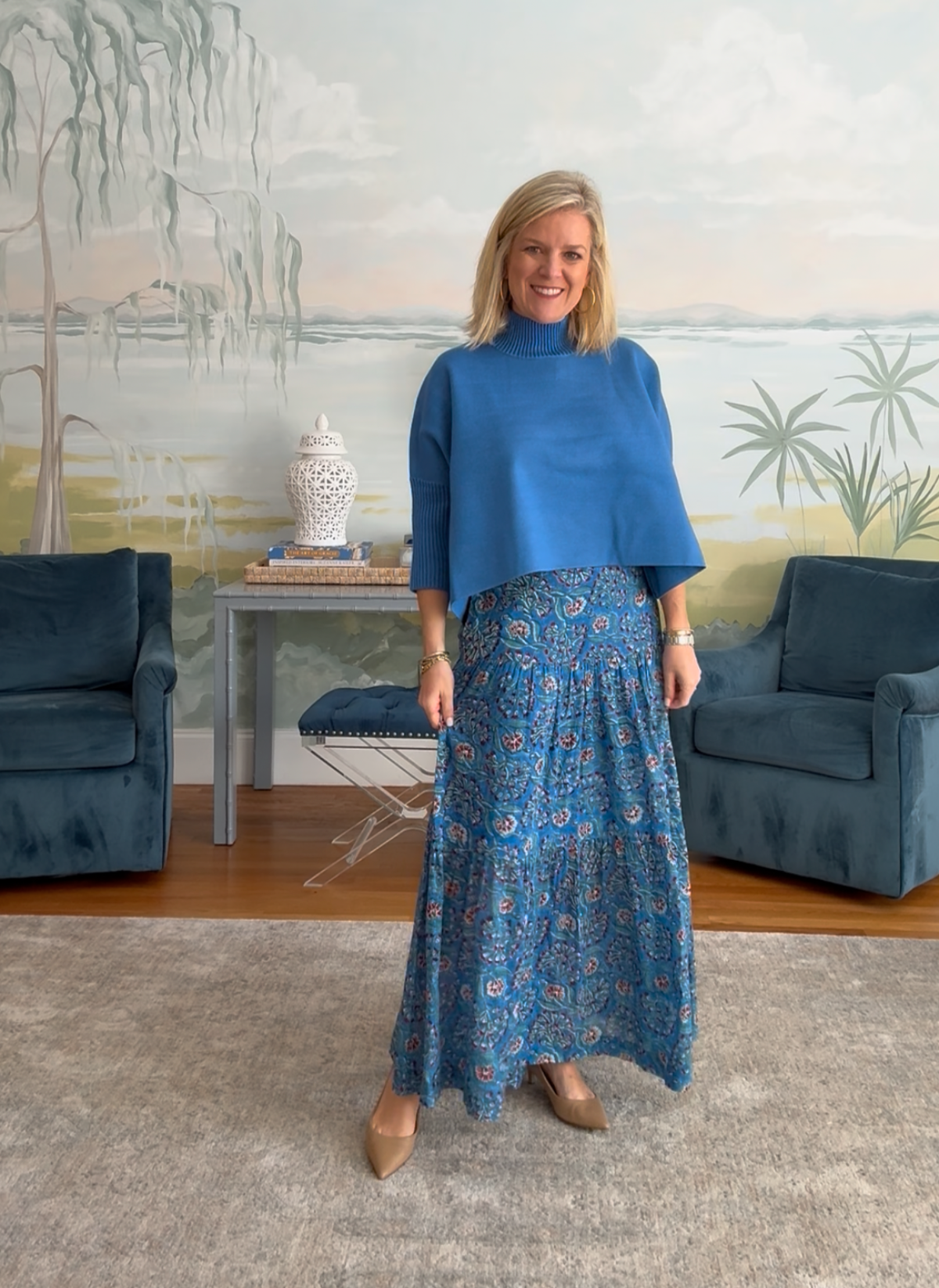 Floral Block Cotton Maxi Skirt - Royal Blue + Red