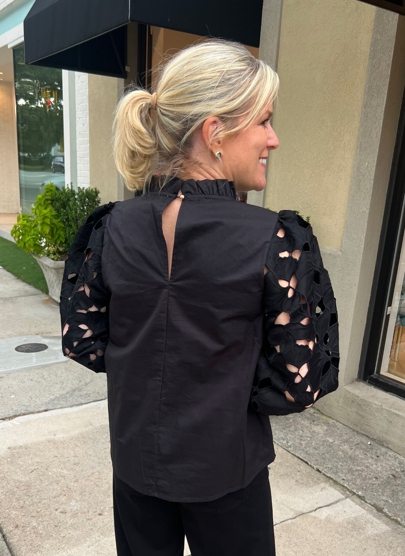 Eyelet Sleeve Detail Top- Black