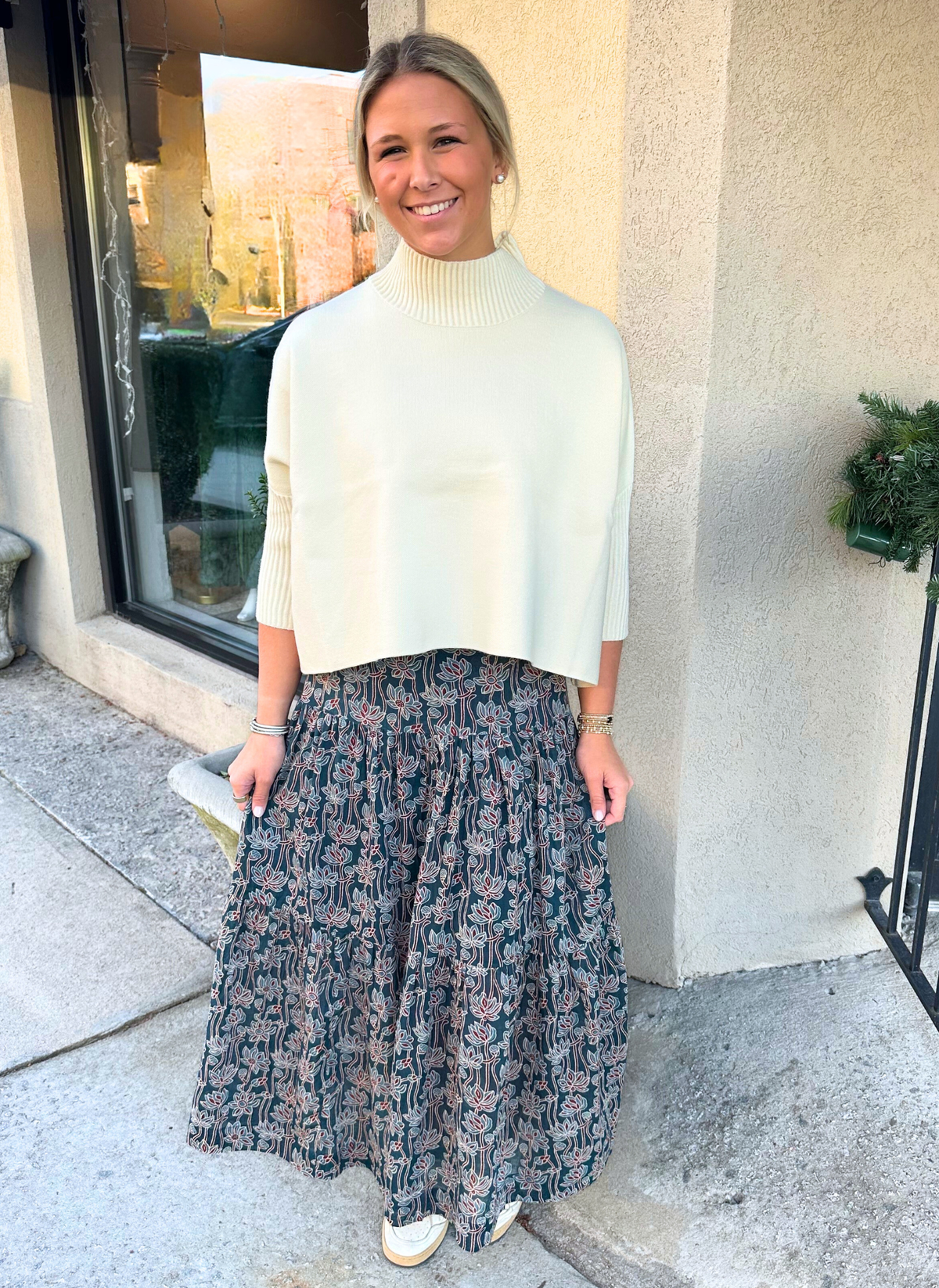 Floral Block Cotton Maxi Skirt - Indigo