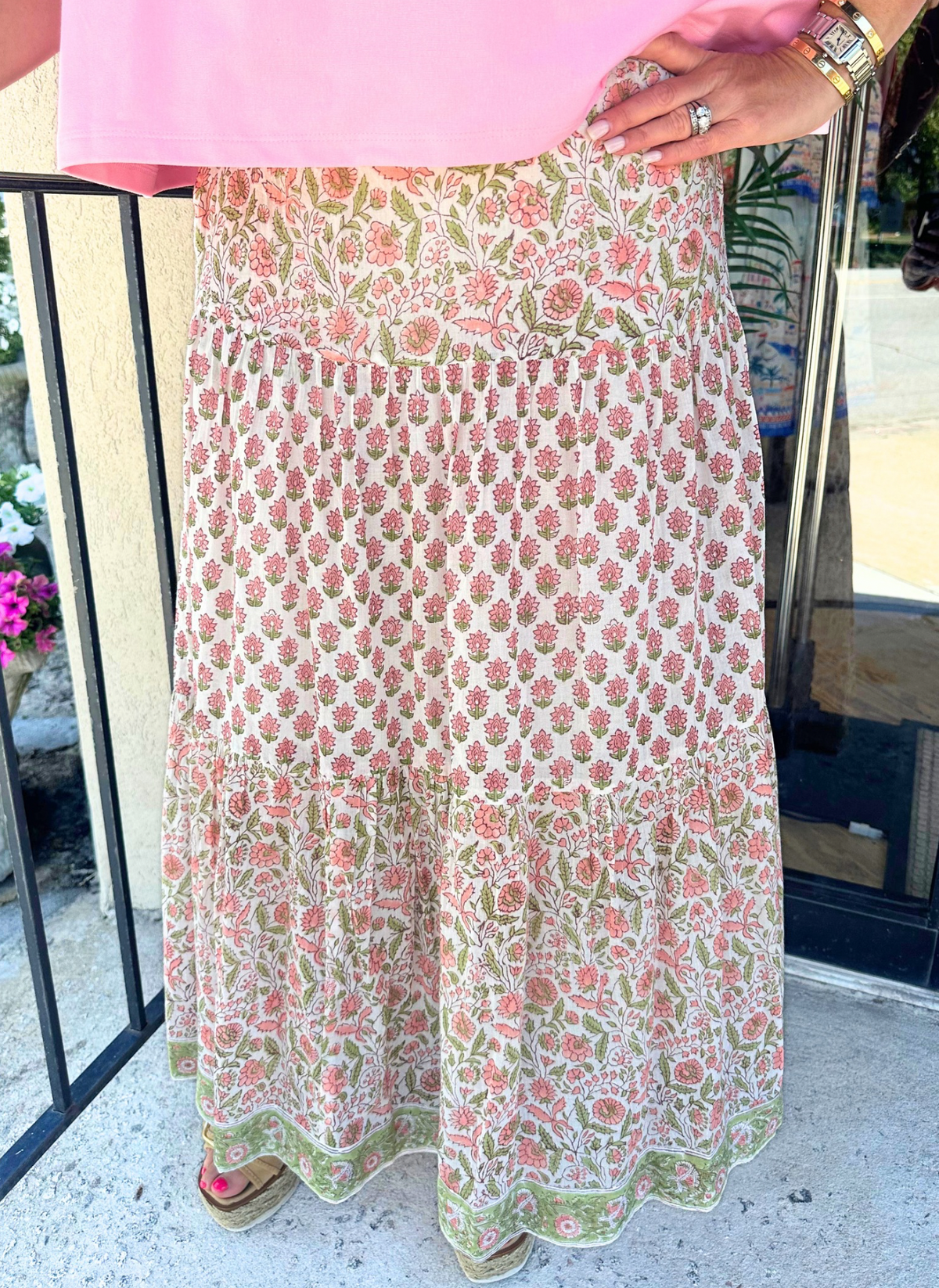 Floral Block Maxi Skirt - Pink + Green