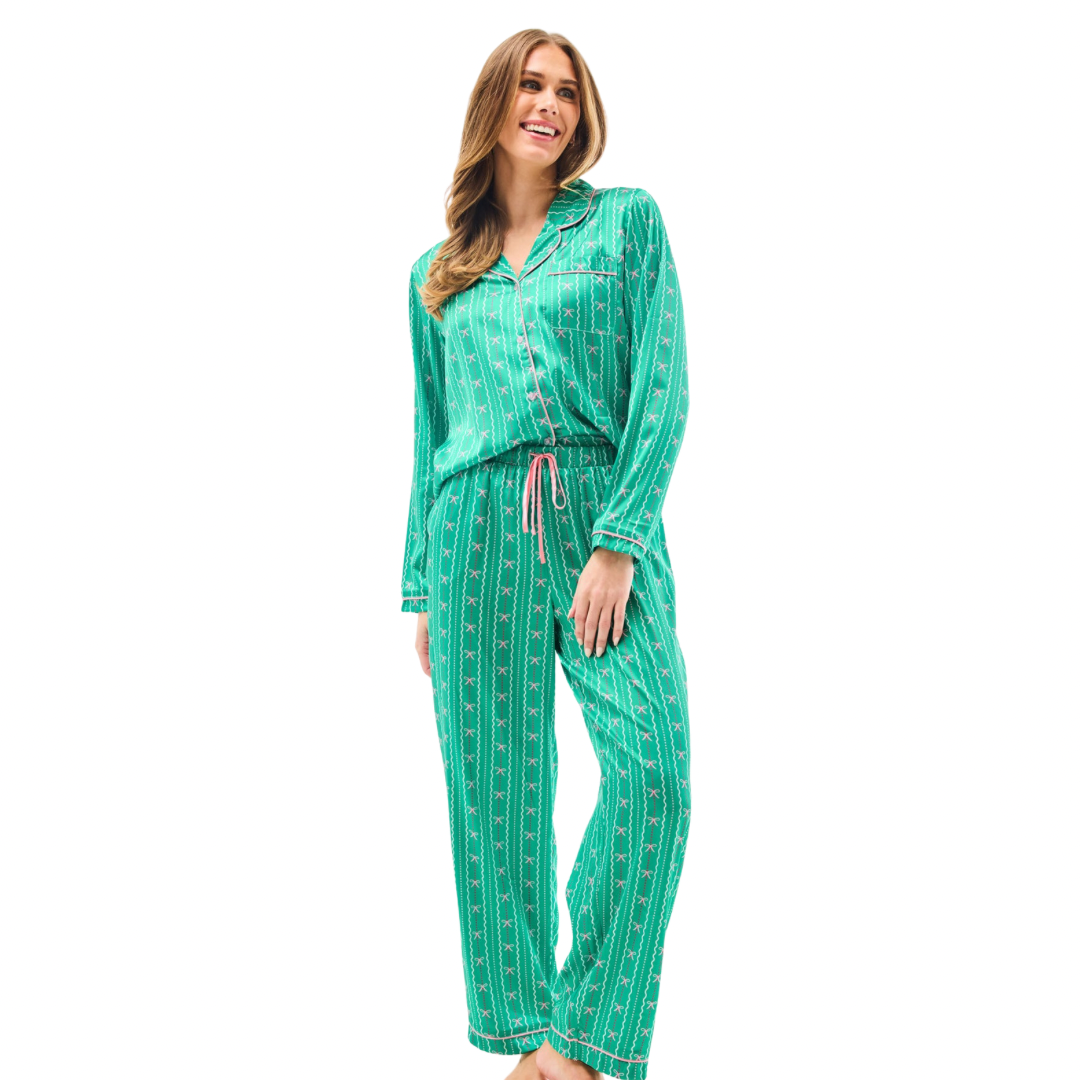 Charlotte Long Pajama Set - Green in a Bow
