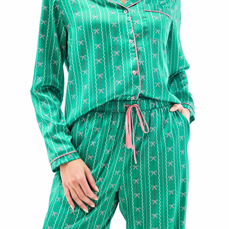 Charlotte Long Pajama Set - Green in a Bow