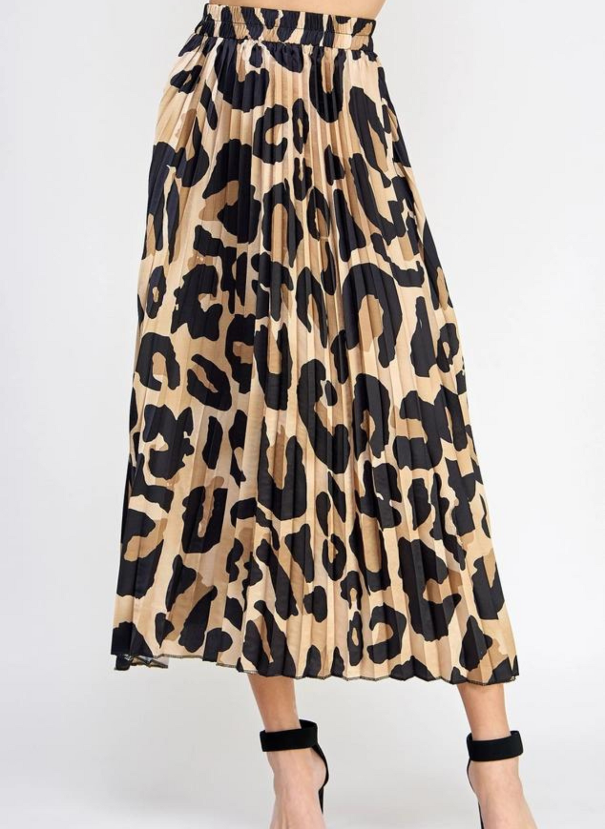 Pleated Leopard Midi Skirt