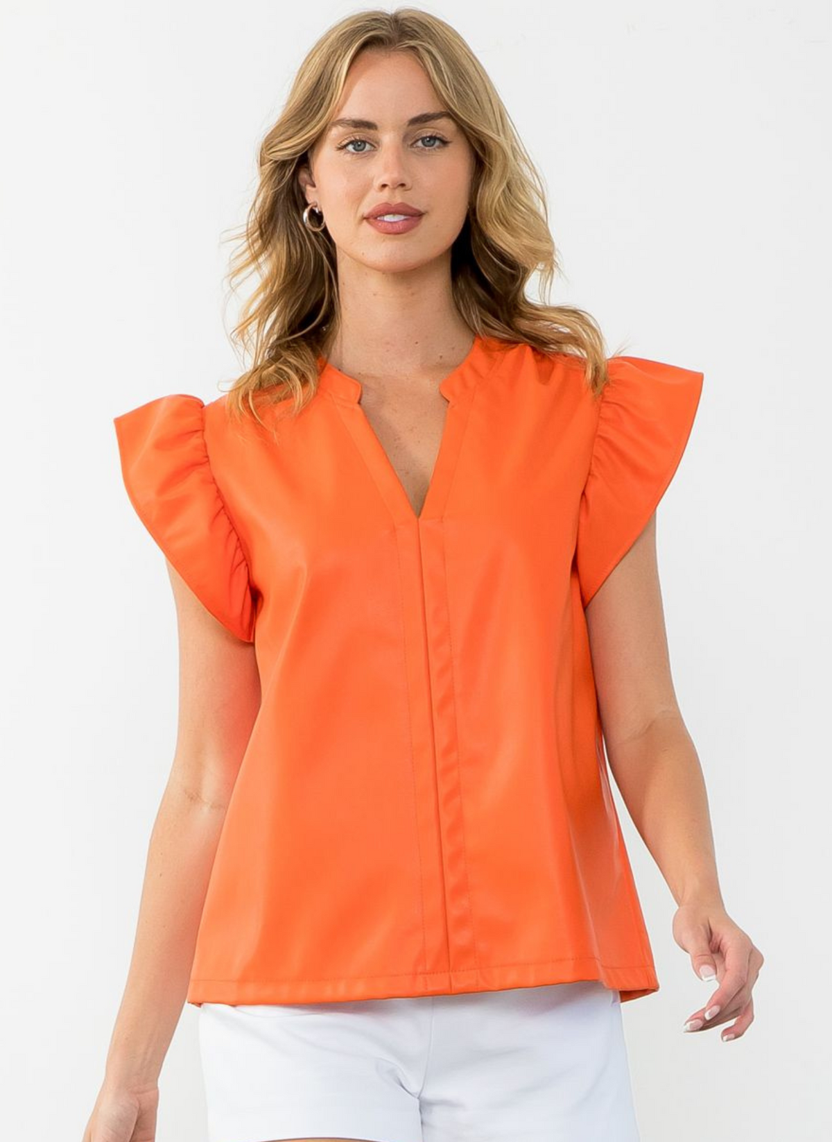 Faux Leather Flutter Sleeve Top