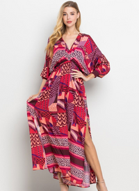Kimono Style Maxi Dress with Mixed Print