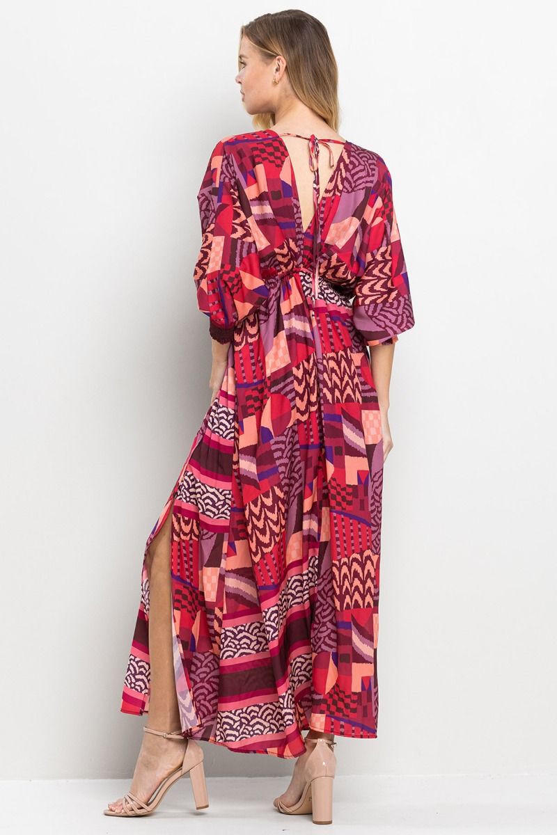 Kimono Style Maxi Dress with Mixed Print