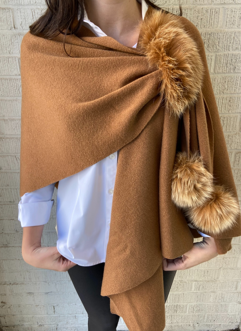 Solid Pull Through Wrap w/Fur Trim & Pompoms