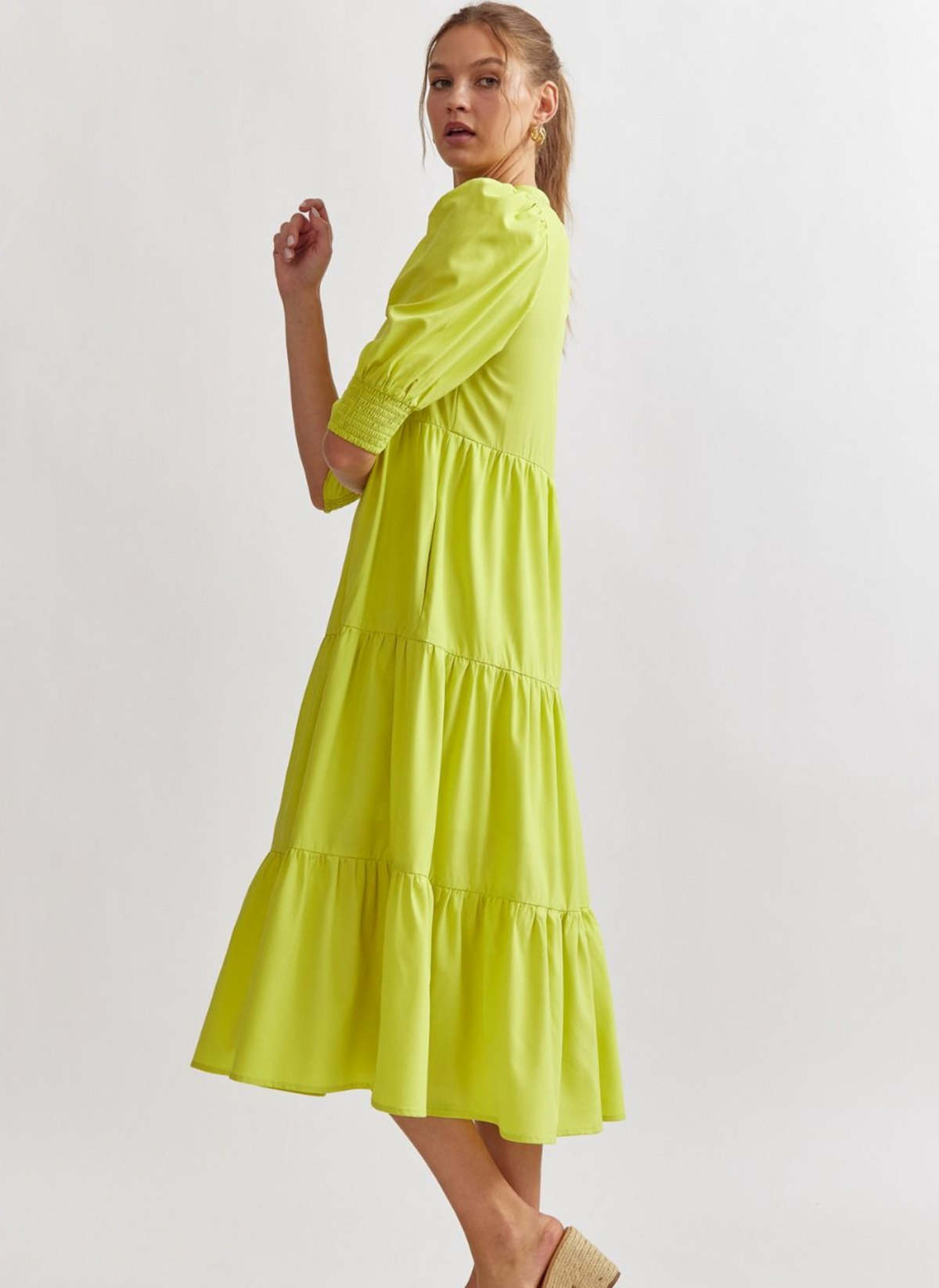 3/4 Sleeve Tiered Midi Dress