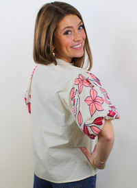 Embroidered Poplin Top - Cream + Pink