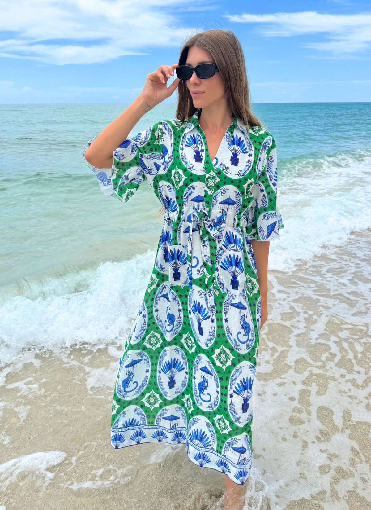 Cape Midi Dress - Monkey Chinoiserie Jade