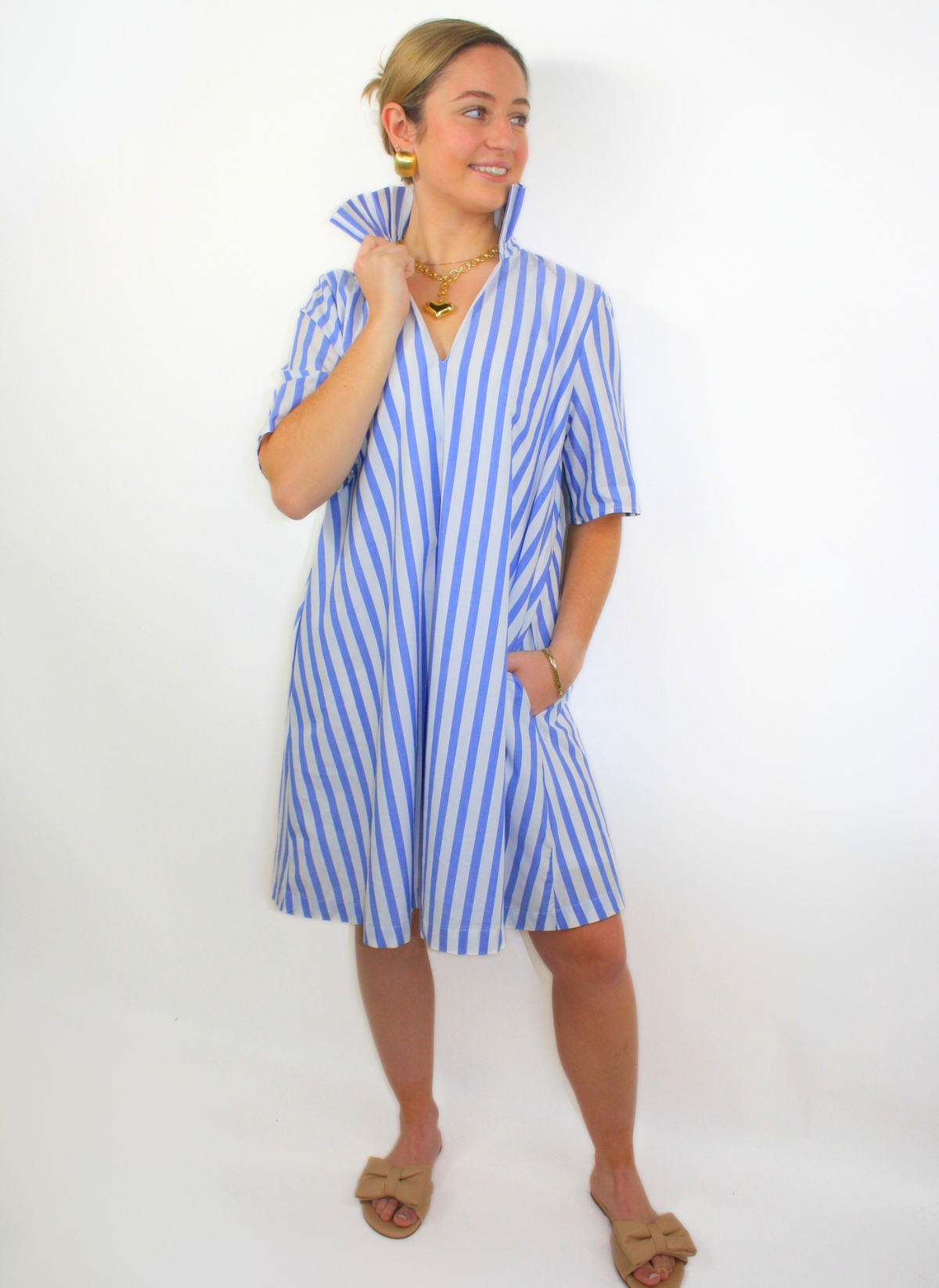 Olivia Ruffle Collar Dress - Sky Stripes