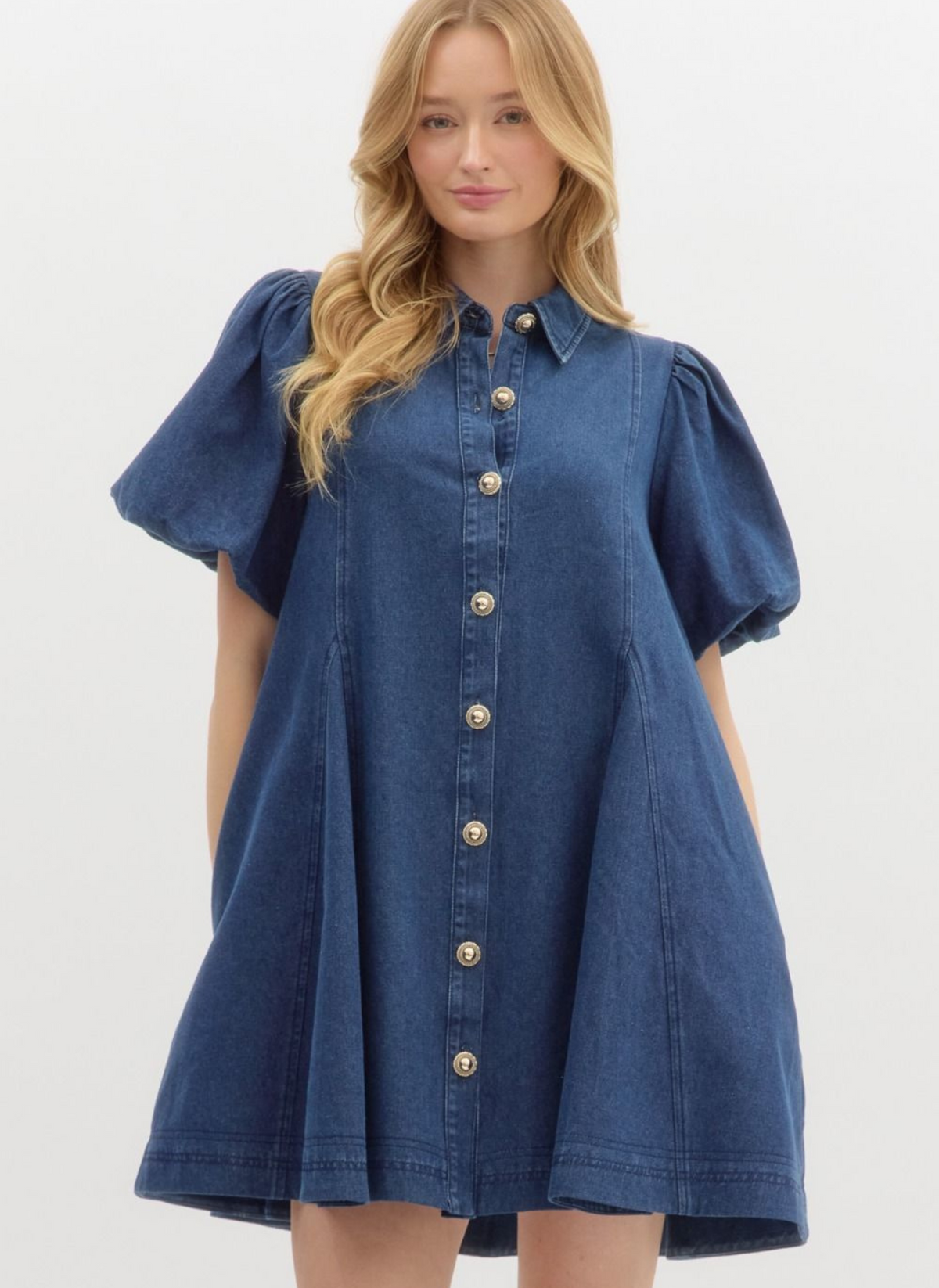 Gold Button Up Denim Dress - Blue Denim