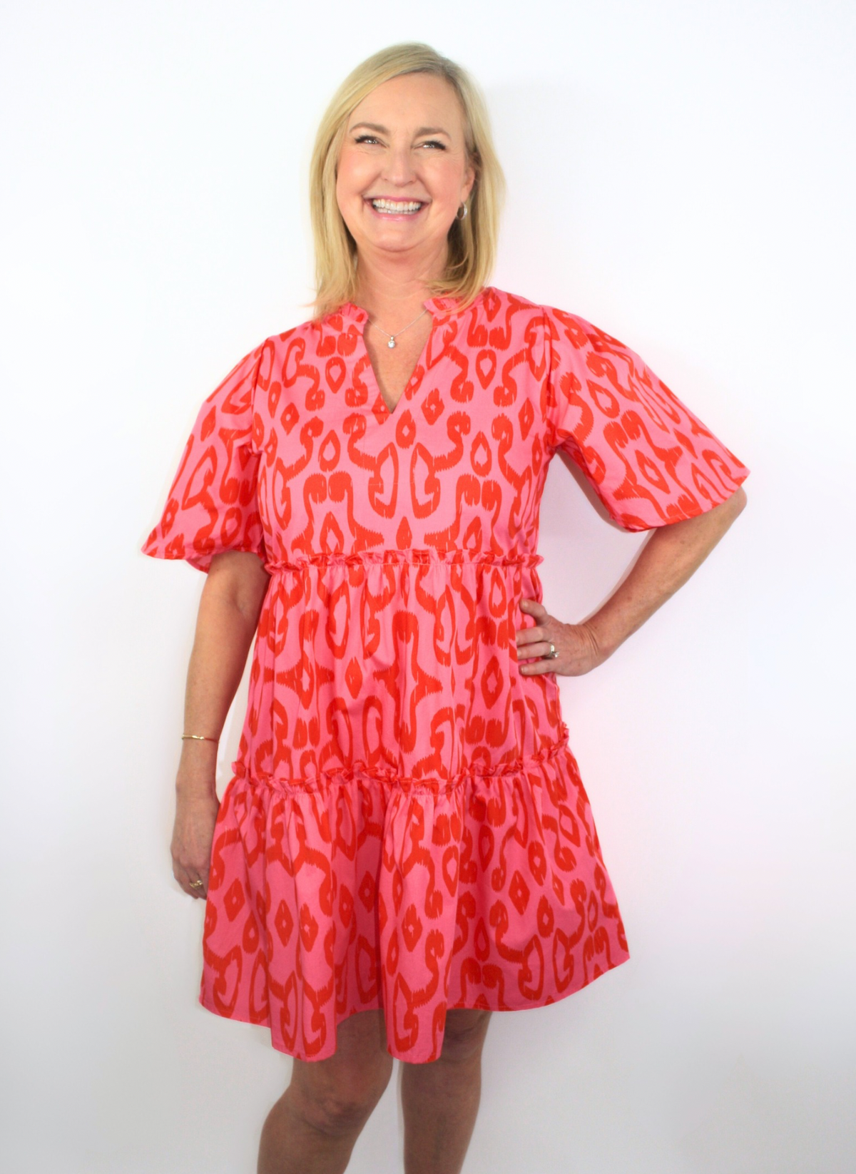 Kit V-Neck Dress - Pink Ikat