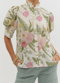 Floral Ruffle Neck Top - Cream