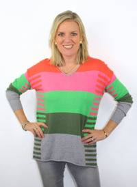 Varied Stripe V-Neck Sweater - Coral