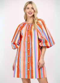 Stripe Round Neck Dress - Orange Multi