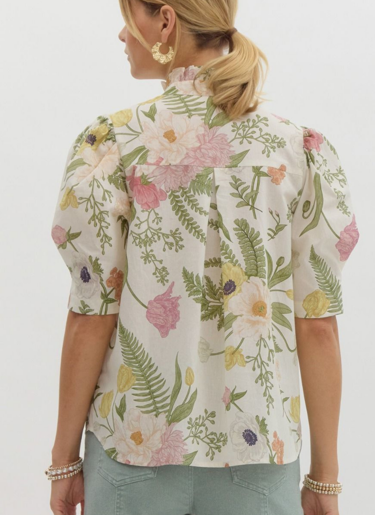 Floral Ruffle Neck Top - Cream