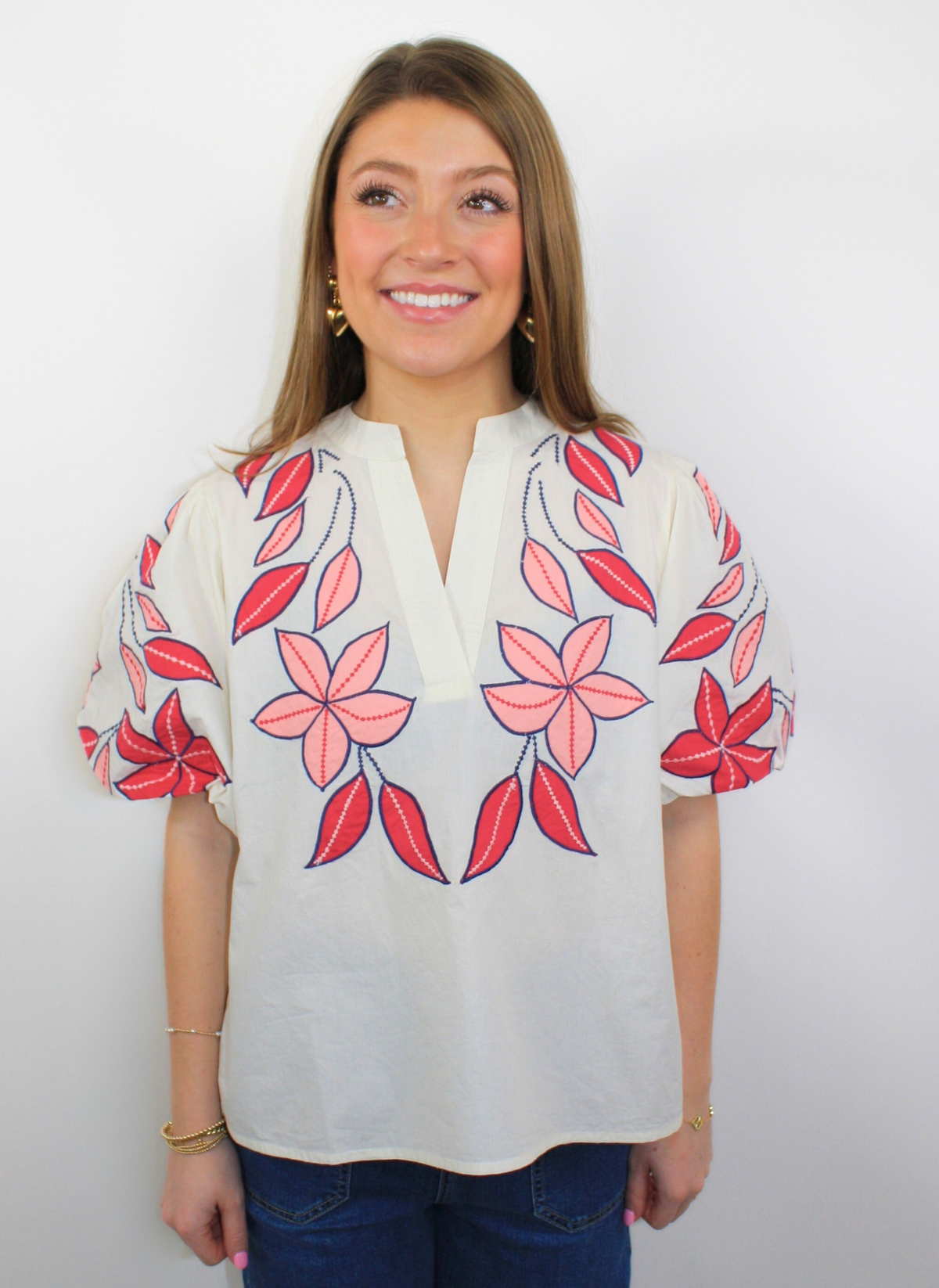 Embroidered Poplin Top - Cream + Pink