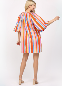 Stripe Round Neck Dress - Orange Multi