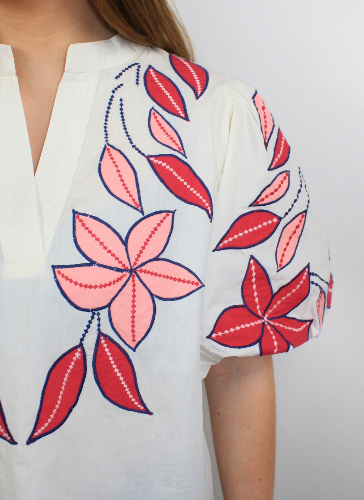 Embroidered Poplin Top - Cream + Pink